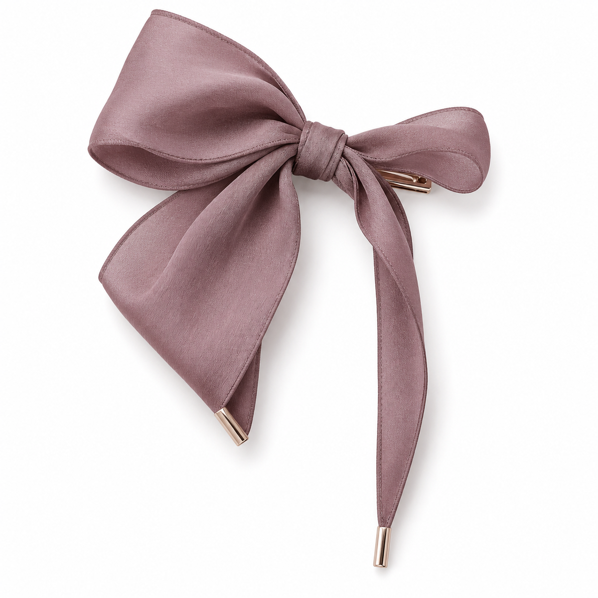 ROVQENIVA™ Emi Asymmetric Ribbon Hair Clip with Minimal Metal Tips — Smoky Mauve Japanese Bow Barrette for Modern Feminine Styling