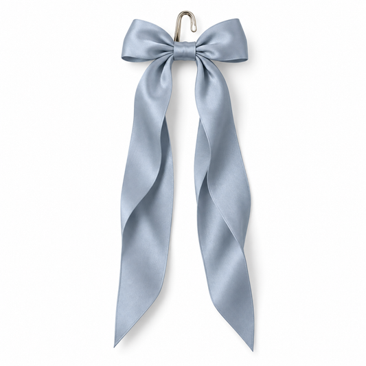 ROVQENIVA™ Nami Long-Tail Satin Pony Hook — Mist Blue Japanese Ribbon Hair Accessory for Low Ponytails & Feminine Minimal Styling