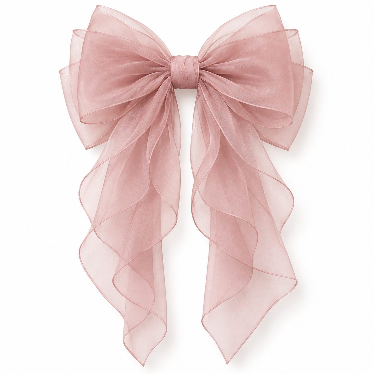 ROVQENIVA™ Airi Layered Organza Long Bow Barrette — Dusty Sakura Sheer Japanese Hair Ribbon for Half-Up Styles & Special Occasions