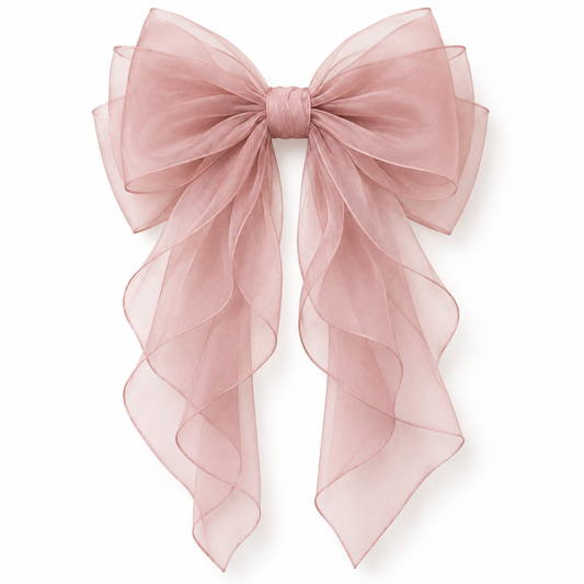 ROVQENIVA™ Airi Layered Organza Long Bow Barrette — Dusty Sakura Sheer Japanese Hair Ribbon for Half-Up Styles & Special Occasions