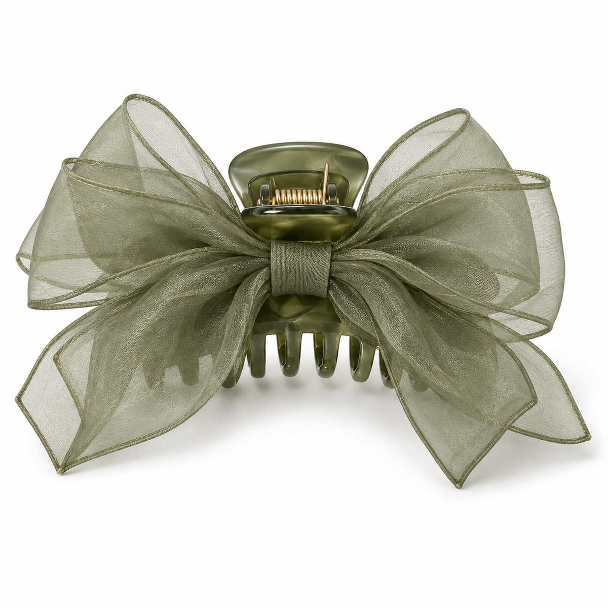 ROVQENIVA™ Koharu Organza Bow Claw Clip — Moss Green Japanese-Inspired Hair Claw with Sheer Ribbon for French Twist & Easy Updos