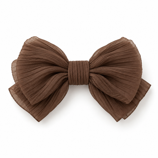 ROVQENIVA™ Rinka Pleated Chiffon Ribbon Barrette — Cocoa Brown Japanese Bow Hair Clip for Soft Updos, Half-Up Hair & Neutral Styling