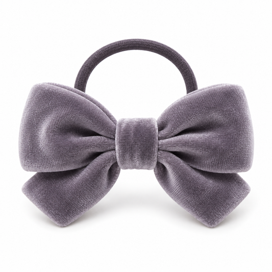 ROVQENIVA™ Yuna Sculpted Velvet Bow Ponytail Holder — Lavender Gray Japanese Ribbon Hair Tie for Feminine Winter Hairstyles