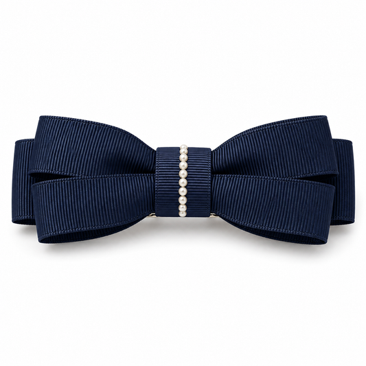 ROVQENIVA™ Noa Pearl-Line Grosgrain Bow Barrette — Midnight Navy Japanese Hair Clip for Office, Wedding Guest & Formal Half-Up Hairstyles
