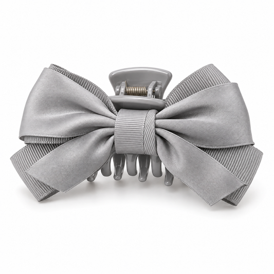 ROVQENIVA™ Kaede Double-Texture Bow Claw Clip — Soft Silver Satin & Grosgrain Japanese Hair Accessory for French Twist, Thick Hair & Modern Updos